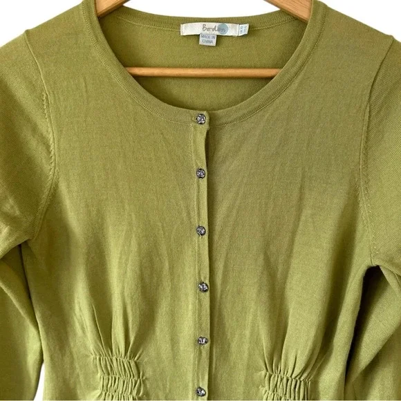 Y2K Boden Women's Chartreuse Lime Green Ruching Button Front 100% Wool Cardigan - Picture 3 of 7